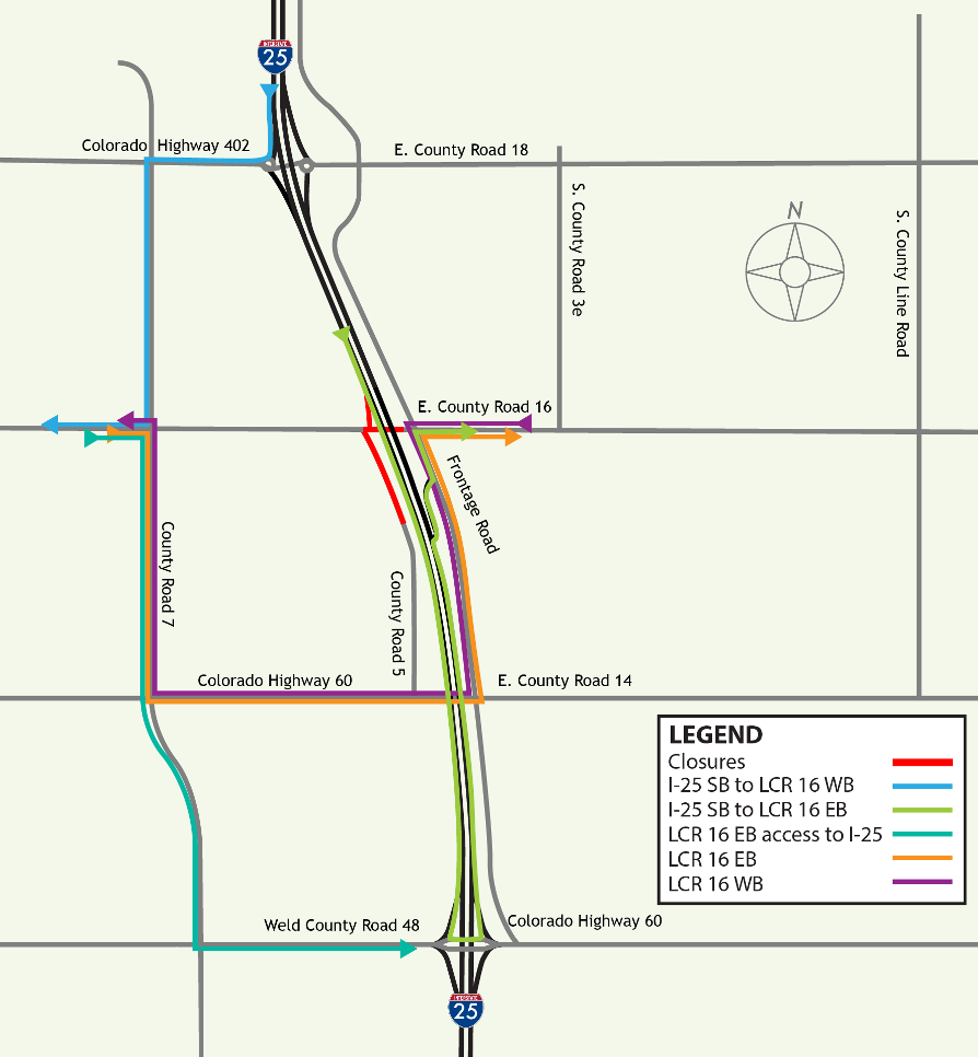 Detour map showing alternate travel routes around the Larimer County Road 16 closure. 