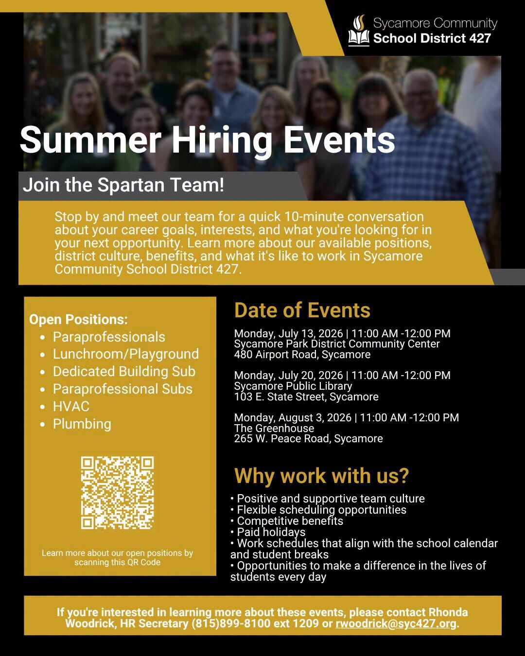 Sycamore Community School District 427 announces Summer Hiring Events to join the Spartan Team.