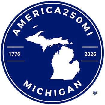 a circular navy blue graphic with white lettering and Michigan state profile, reading AM250MI and the years 1776 and 2026