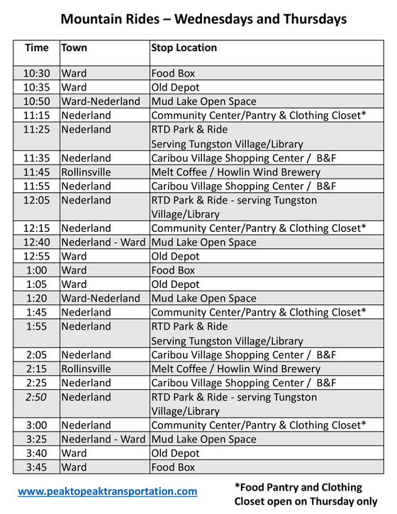 Mountain Rides free fixed-route service schedule between Ward and Rollinsville